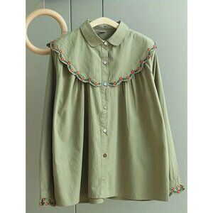 Embroidered Wave Edge Blouse – Machine Washable, Non-Sheer, Cute & Stylish